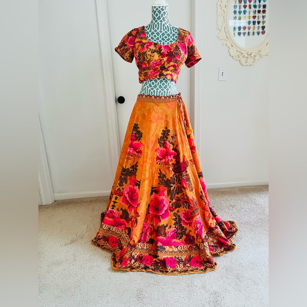Ritu Kumar Floral Orange and Pink Lehenga set